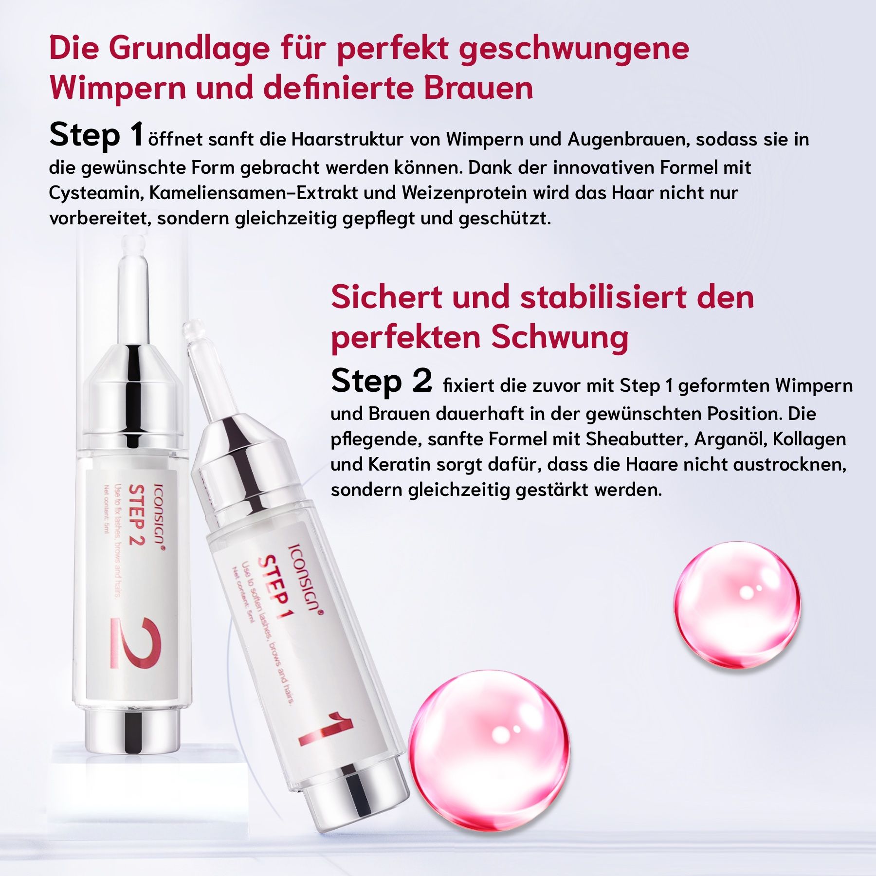 Due flaconi di prodotto per laminazione ciglia. Con etichette Step 1 e Step 2. Con testo e logo.