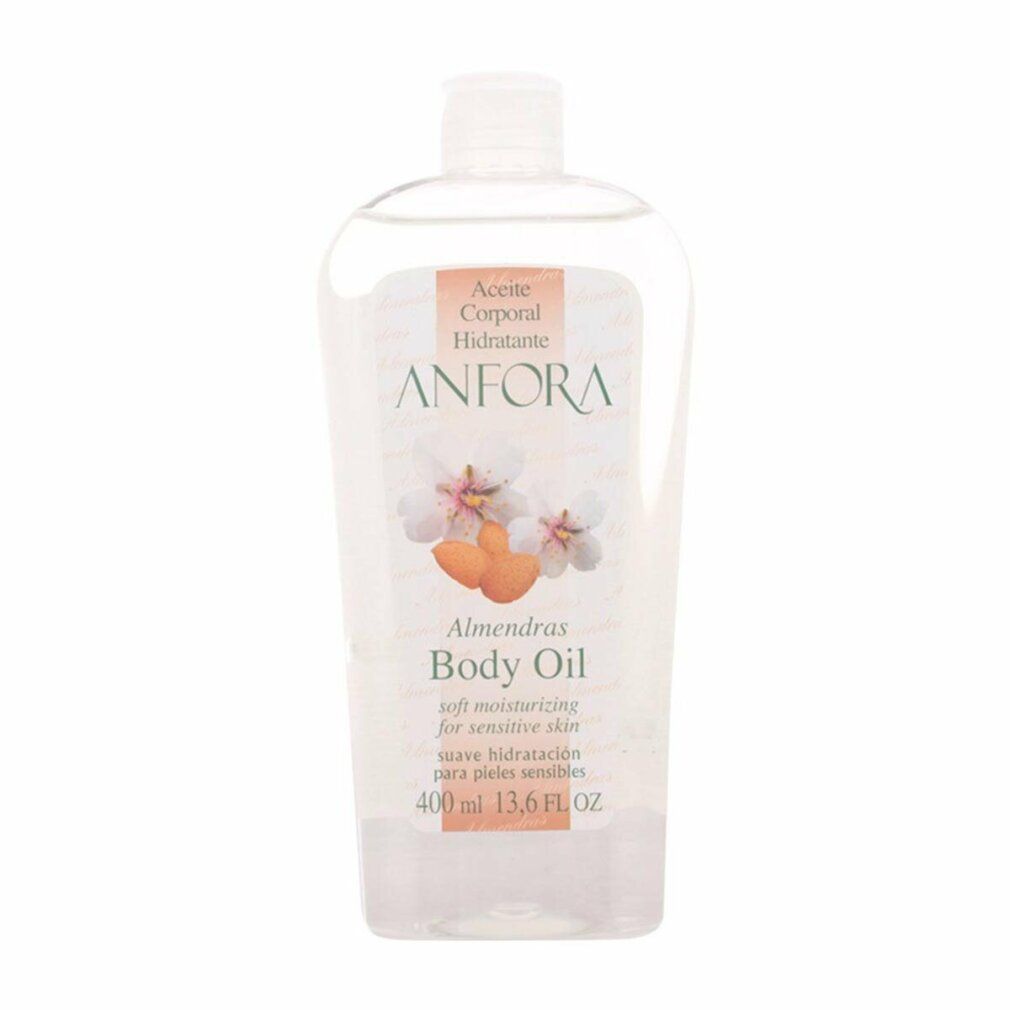 Olio corpo in bottiglia trasparente. Etichetta con ANFORA, Aceite Corporal Hidratante, Almendras Body Oil. 400 ml, 13.6 FL OZ.