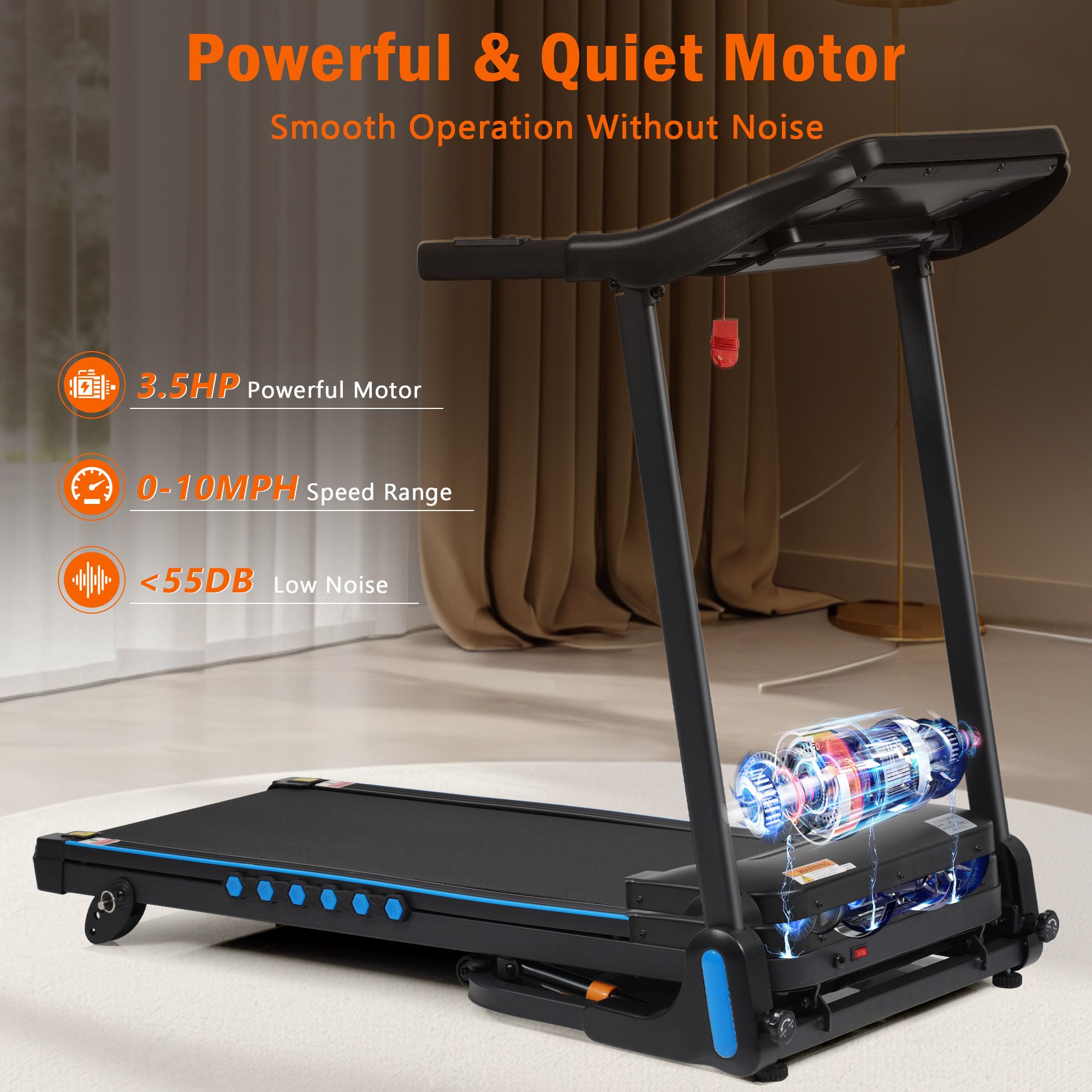 Tapis roulant nero con motore trasparente. Testo: Powerful & Quiet Motor. Motore 3.5HP, 0-10MPH, <55DB. Dettagli blu. Superficie di corsa nera.