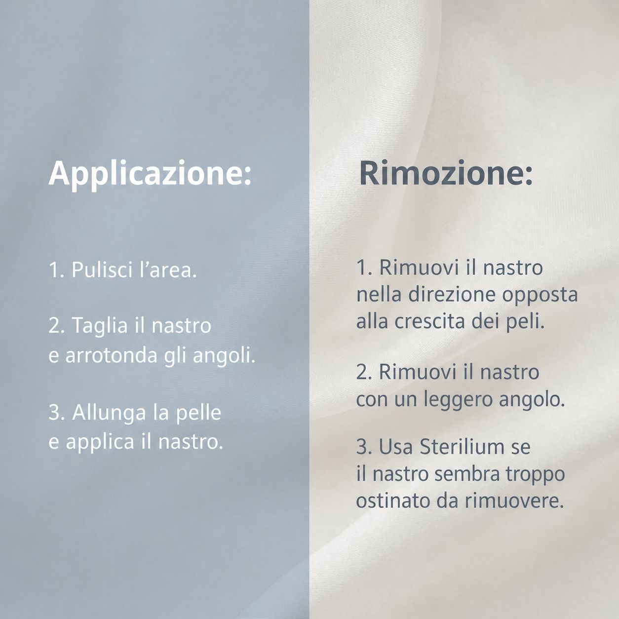 Suggerimenti per l'applicazione del tape kinesiologico: pulire la pelle, applicare con tensione, rimuovere con attenzione.