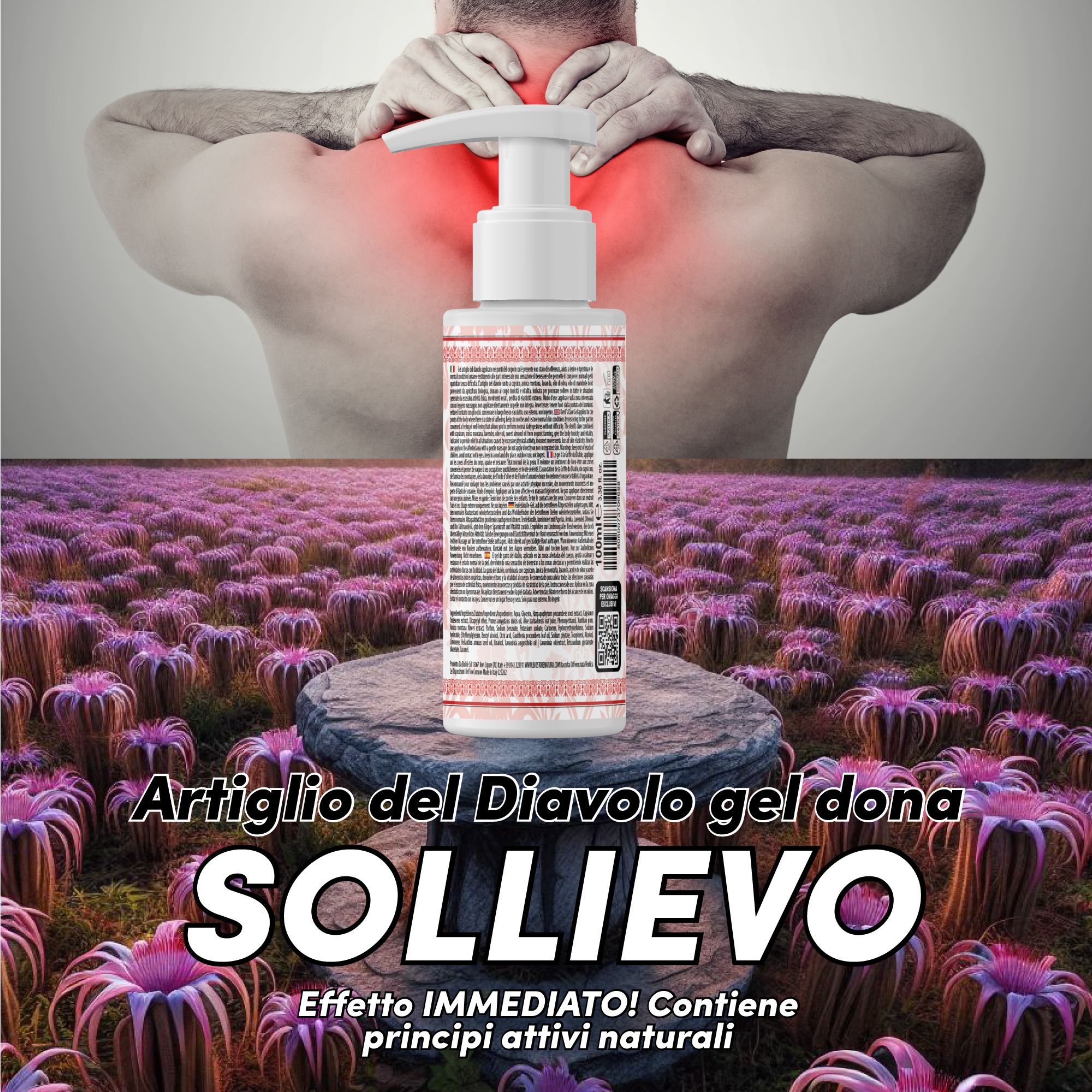 Flacone di gel con dosatore. Testo: Artiglio del Diavolo gel dona SOLLIEVO. Contiene principi attivi naturali.