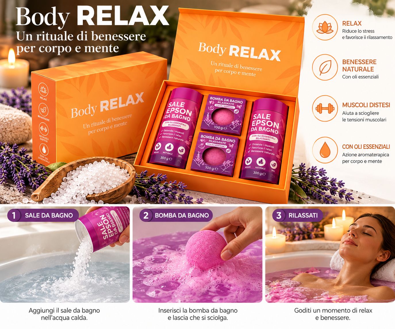 Set regalo Body Relax con sali da bagno e bombe da bagno.