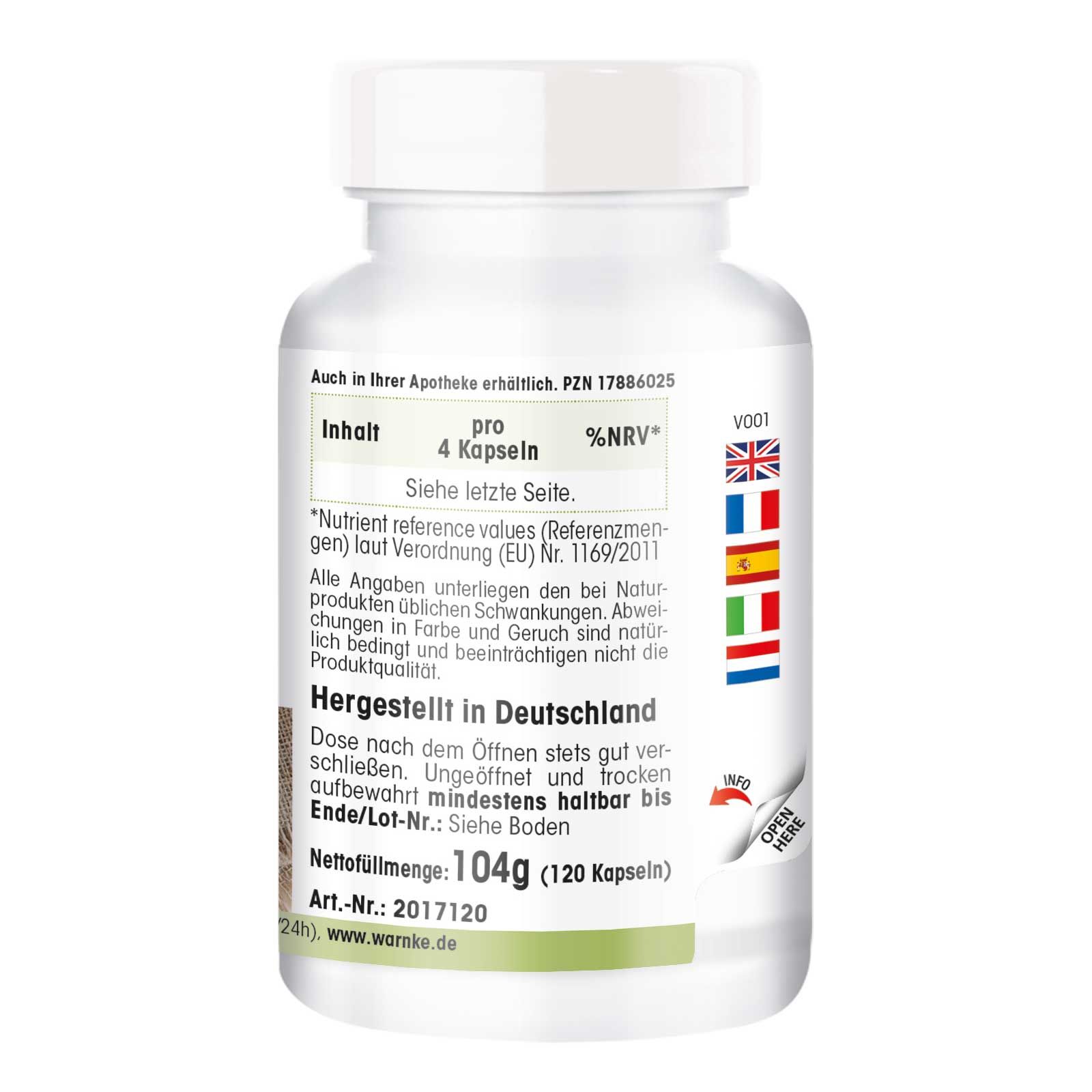 Retro del flacone. Testo: Contenuto, prodotto in Germania. Peso netto: 104g (120 capsule).