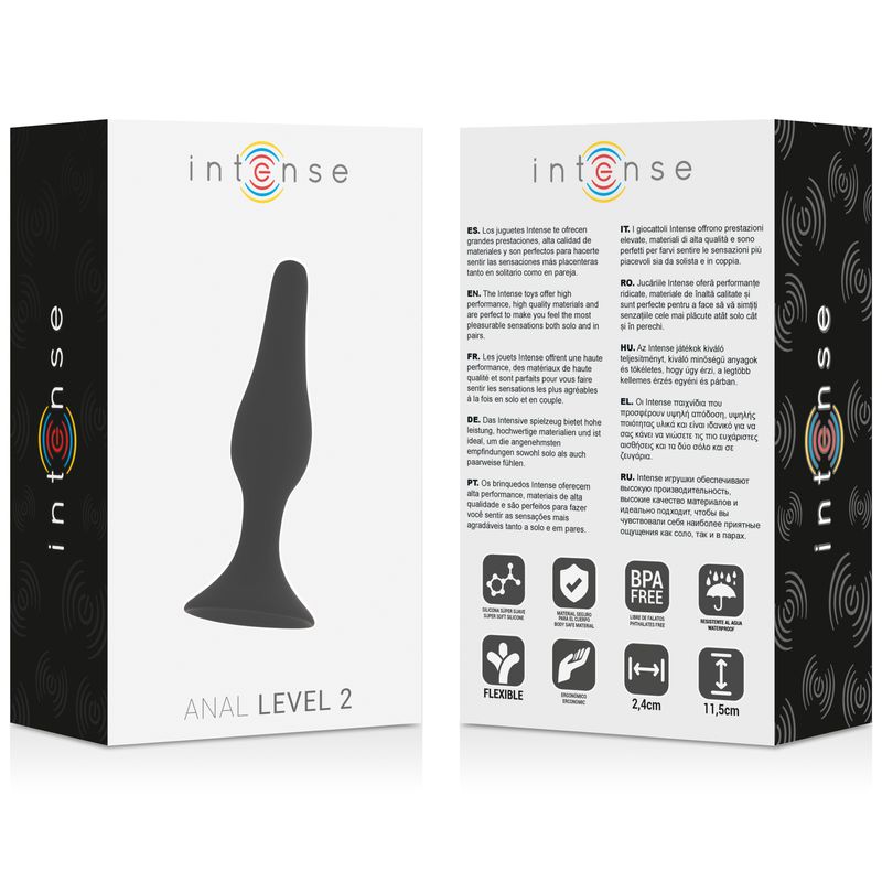 Confezione 'Intense - Anal Level 2' con immagine prodotto e icone per flessibilità, senza BPA, 2,4cm e 11,5cm.