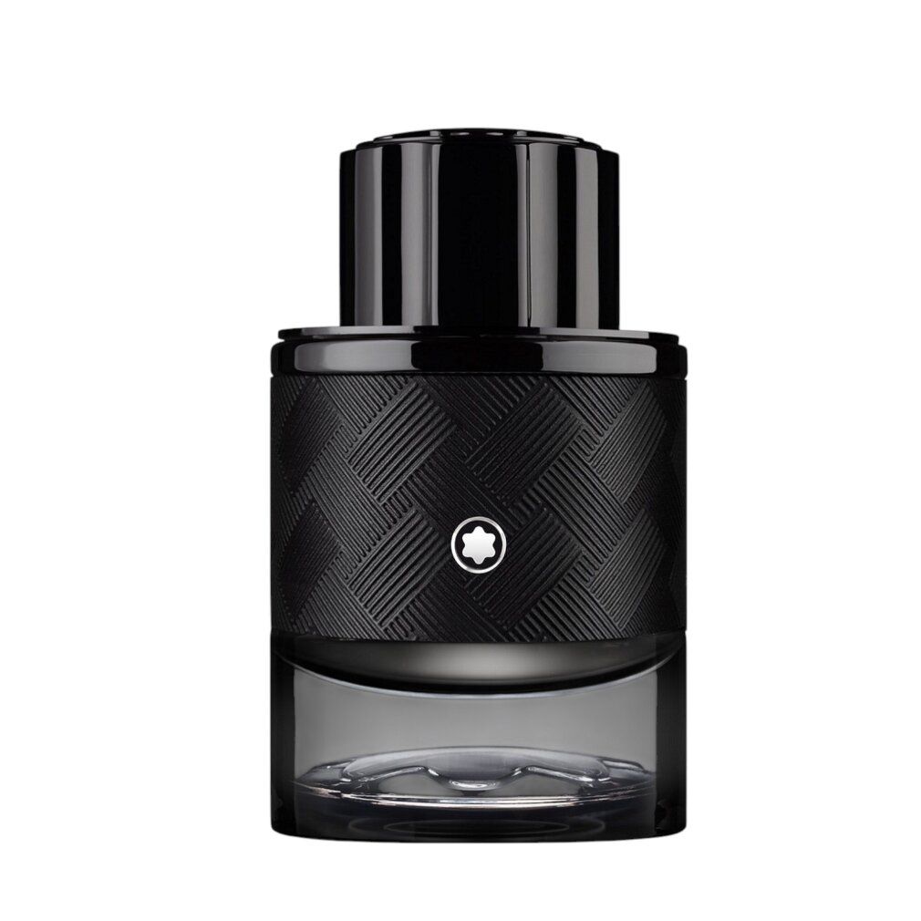 Flacone nero con superficie zigrinata e logo Montblanc. Tappo nero.