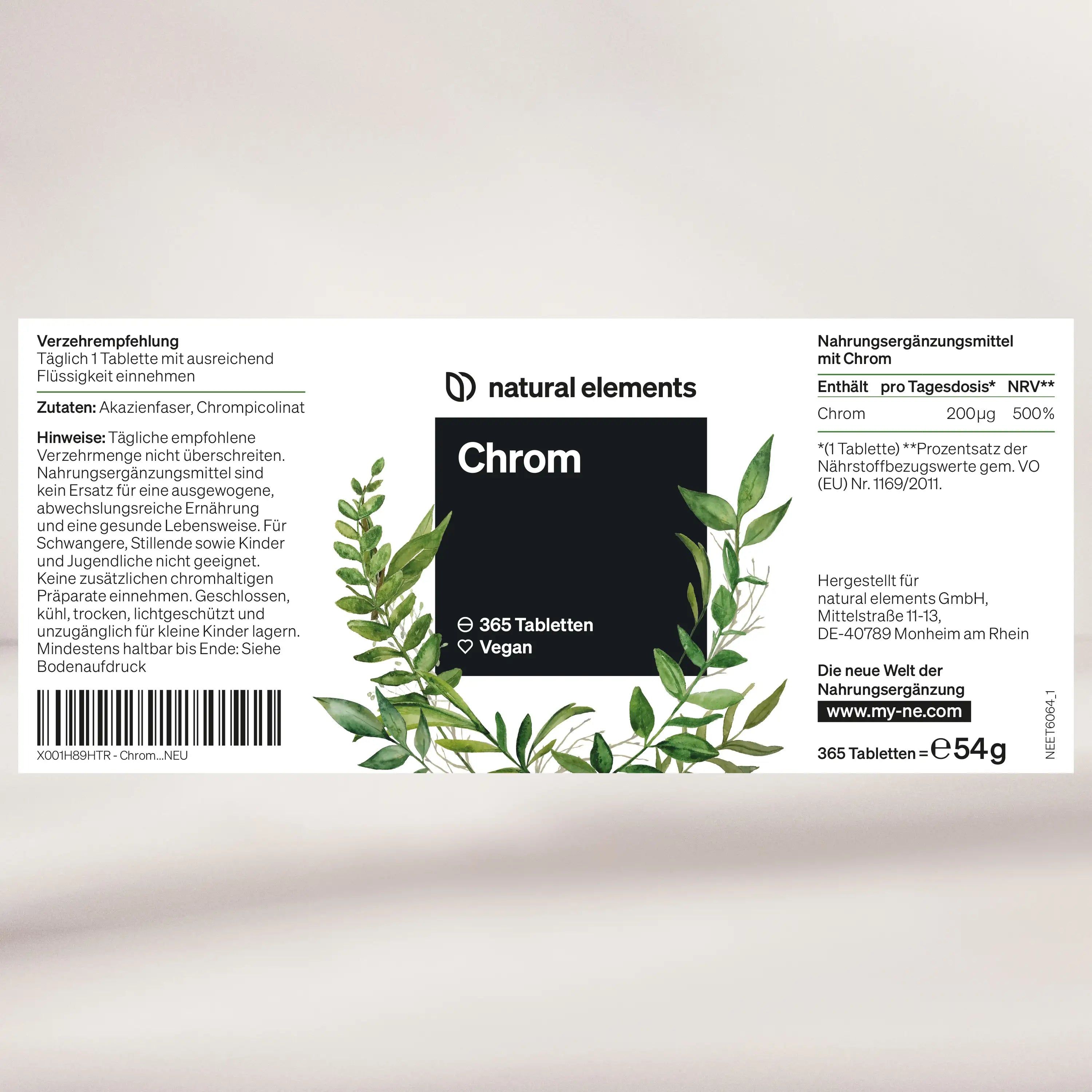 Etichetta con informazioni sul prodotto: "natural elements Chrom", 365 compresse, 200µg Cromo. Vegano.