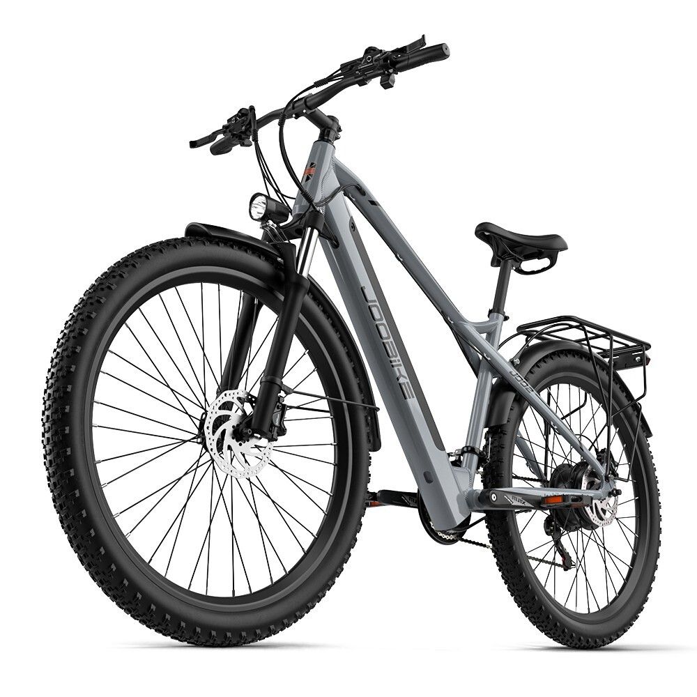 E-bike grigio JOOBIKE J002, 29 pollici, pneumatici all-terrain, portapacchi, faro, parafanghi neri.