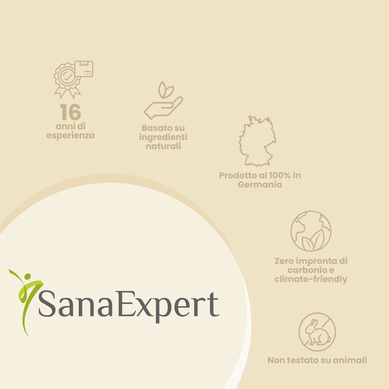 Logo SanaExpert. Testi: 16 anni di esperienza, basato su ingredienti naturali, prodotto in Germania, a impatto zero, non testato sugli animali.