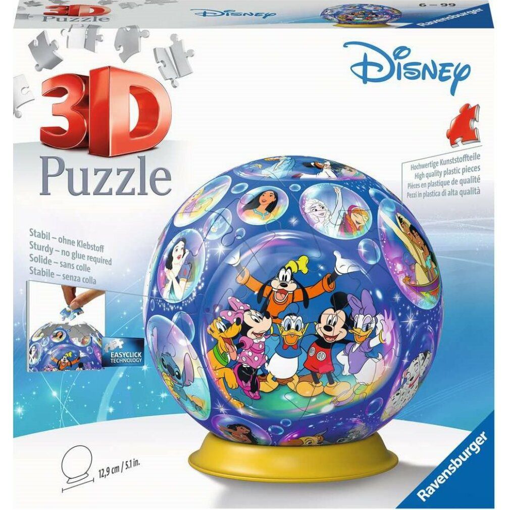 Puzzle 3D a sfera con personaggi Disney. Sfera blu con base gialla. Confezione con pezzi e nome del prodotto.