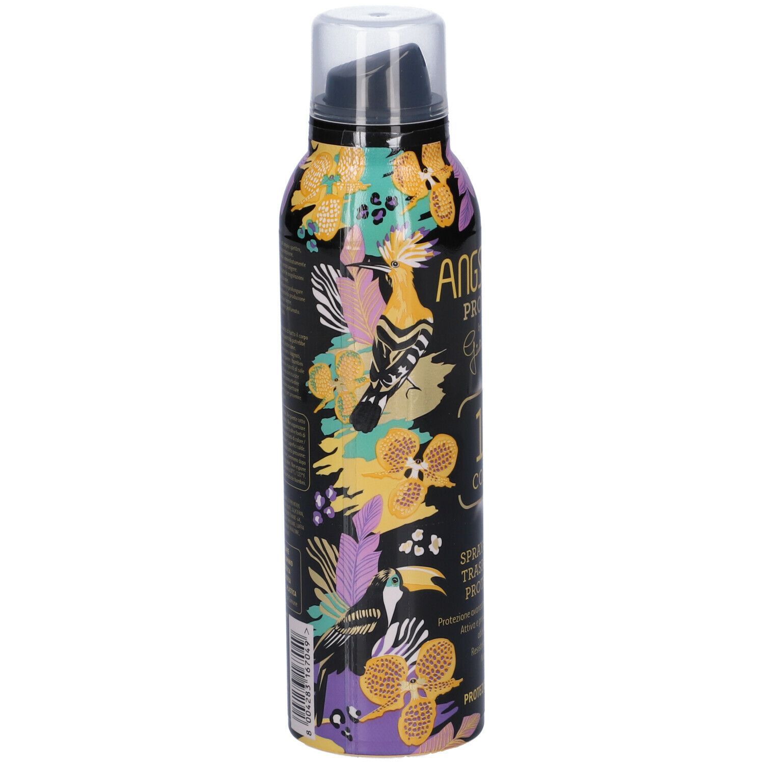 Bomboletta spray con motivi floreali e illustrazioni di uccelli. Erogatore nero. Nome del prodotto e SPF visibili.