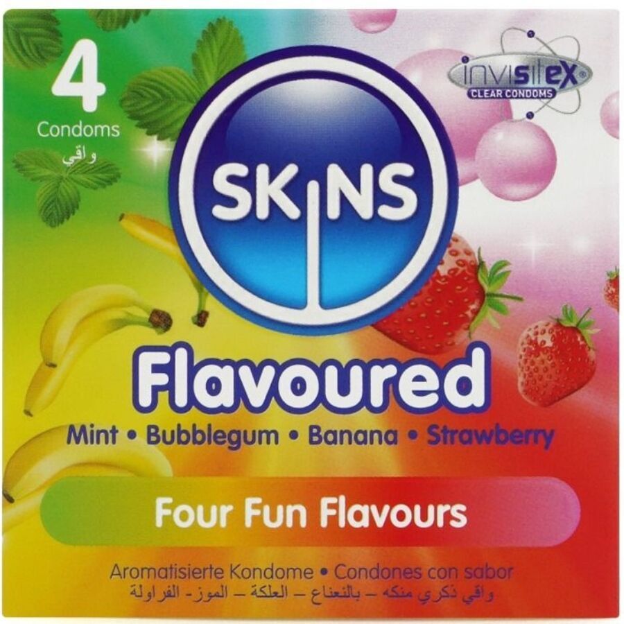 Confezione da 4 preservativi Skins Flavoured. Mostra frutta e bolle. Indicazione "invisisex CLEAR CONDOMS".
