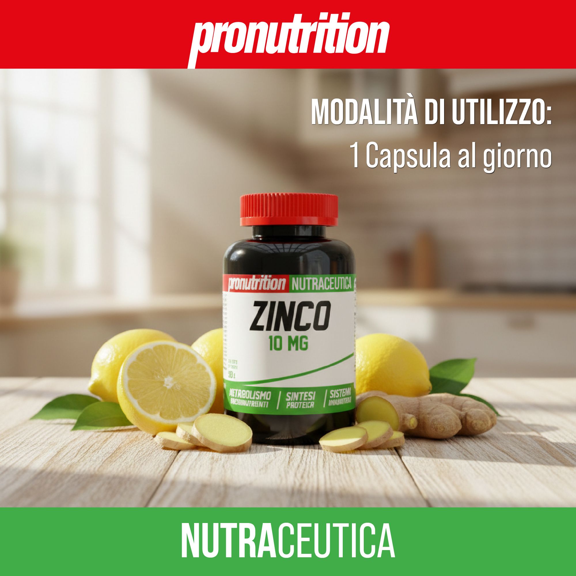 Flacone nero, tappo rosso. Scritta ZINCO 10 MG. Limoni, zenzero e foglie. Testo: NUTRAZEUTICA. Modalità d'uso: 1 capsula al giorno.
