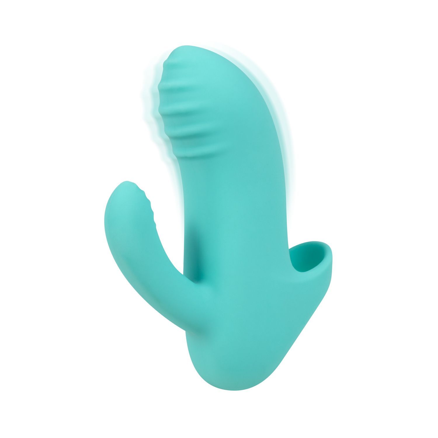 Vibratore turchese con forma curva e superficie scanalata. Con un braccio curvo.