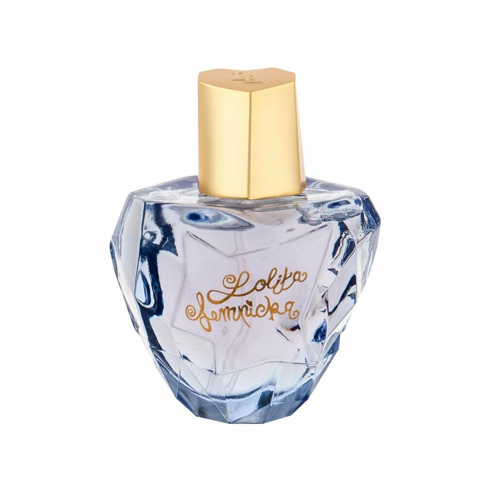 Lolita Lempicka Eau de Parfum Spray. Flacone blu a forma di cuore con tappo dorato. Scritta dorata.