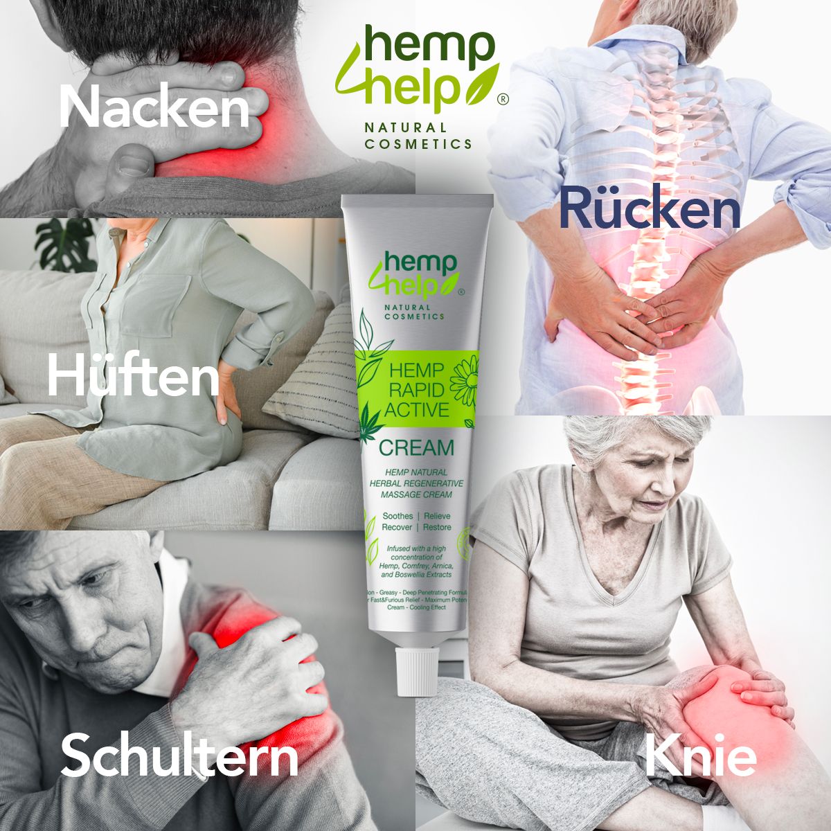 Tubo di crema Hemp+Help Rapid Active circondato da raffigurazioni di dolori a collo, schiena, fianchi, spalle e ginocchia.