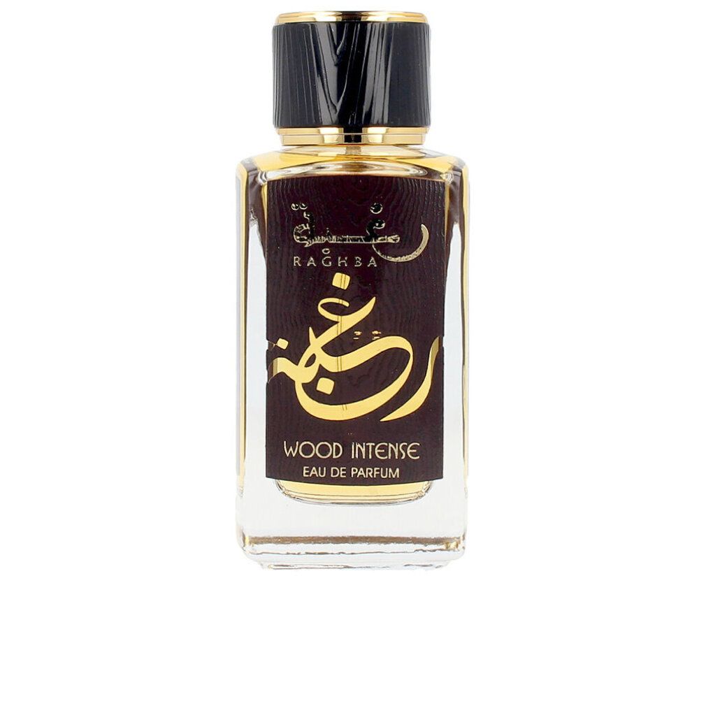 Flacone di profumo. Scritta: Raghba Wood Intense Eau de Parfum. Tappo nero, dettagli dorati.
