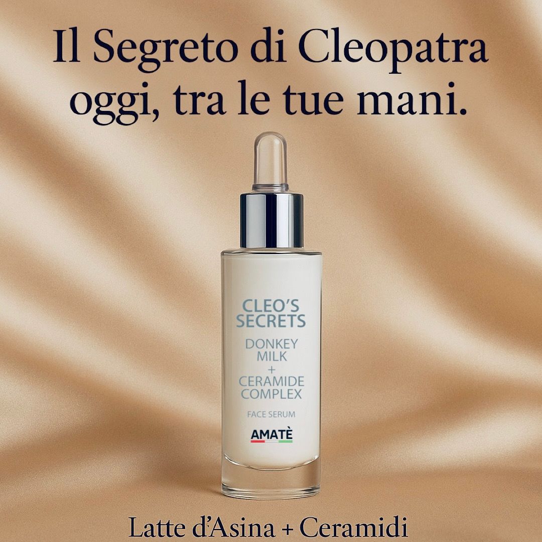 Flacone di siero. Scritte: Cleo's Secrets, Donkey Milk + Ceramide Complex, Amatè. Con contagocce.