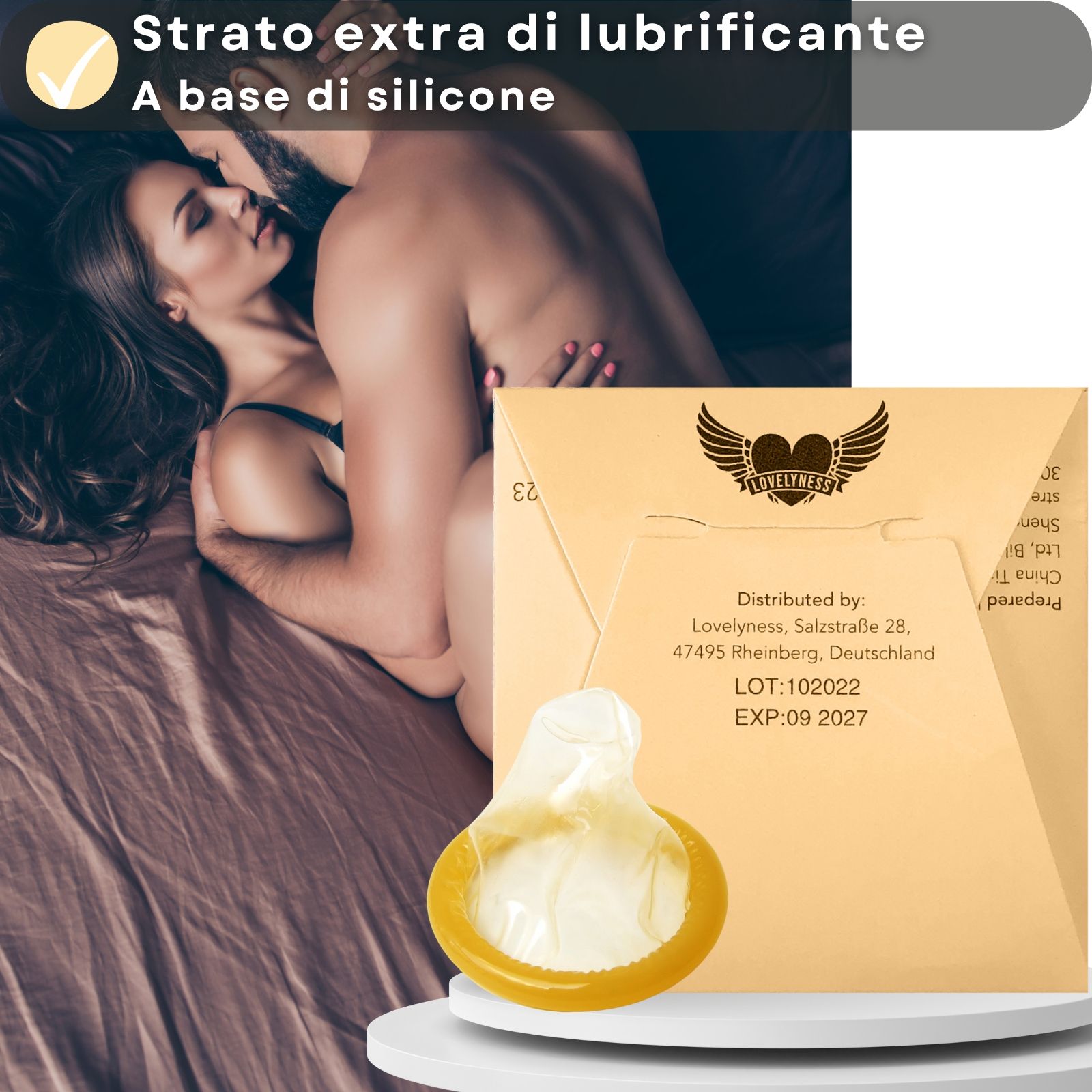 Confezione e preservativo. Testo: Confezionato singolarmente, per la massima sicurezza in viaggio. Logo: Peach.