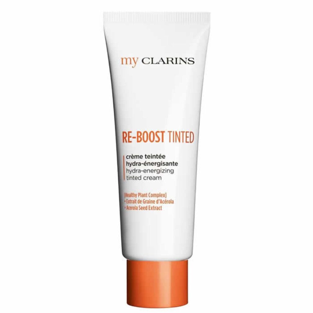 Tubo bianco con tappo arancione. Scritta: My Clarins, RE-BOOST TINTED, hydra-energissante, tinted cream.