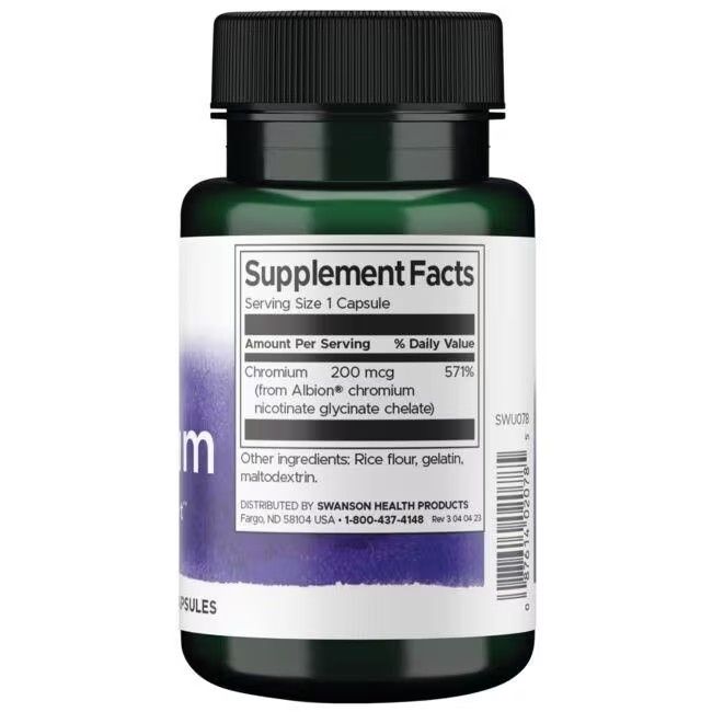 Retro del flacone. Contiene informazioni nutrizionali e ingredienti. Contiene 200 mcg di cromo. Marchio: SWANSON.