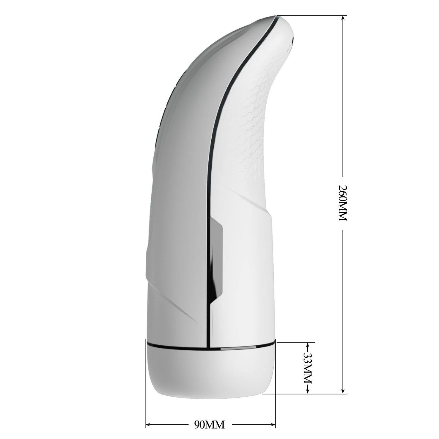 Vista laterale di un masturbatore bianco con dimensioni: 260mm lunghezza, 90mm larghezza, 33mm altezza.