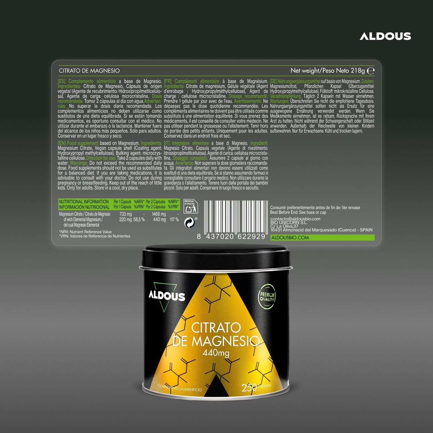 Barattolo con etichetta. Testo: Citrato de Magnesio 440mg. Marchio: Aldous. Informazioni nutrizionali e ingredienti. Premium Quality.