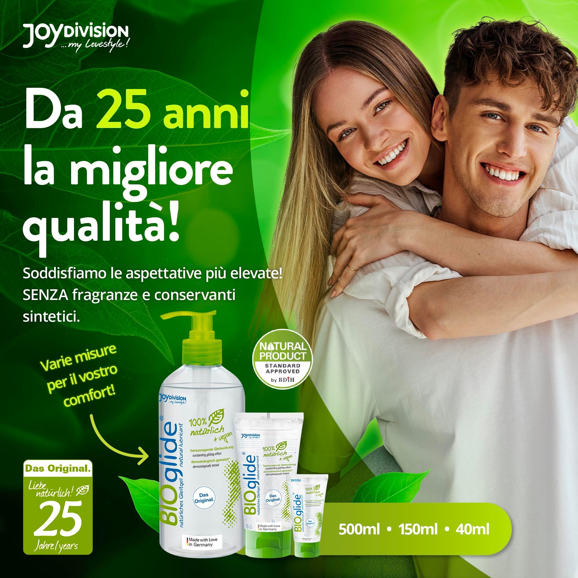 Tubo di gel lubrificante BIOglide con tappo verde. 100% naturale + vegano.
