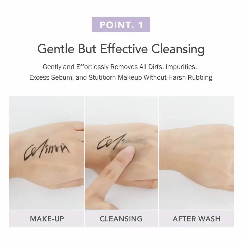 Tre mani mostrano la rimozione del trucco. Sinistra: Trucco. Centro: Pulizia. Destra: Dopo il lavaggio. Testo: Pulizia delicata ma efficace.