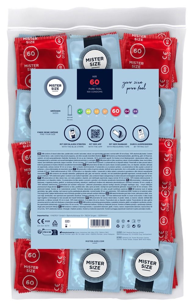 Retro di una confezione di preservativi Mister Size 60 con panoramica delle taglie e informazioni sul prodotto.