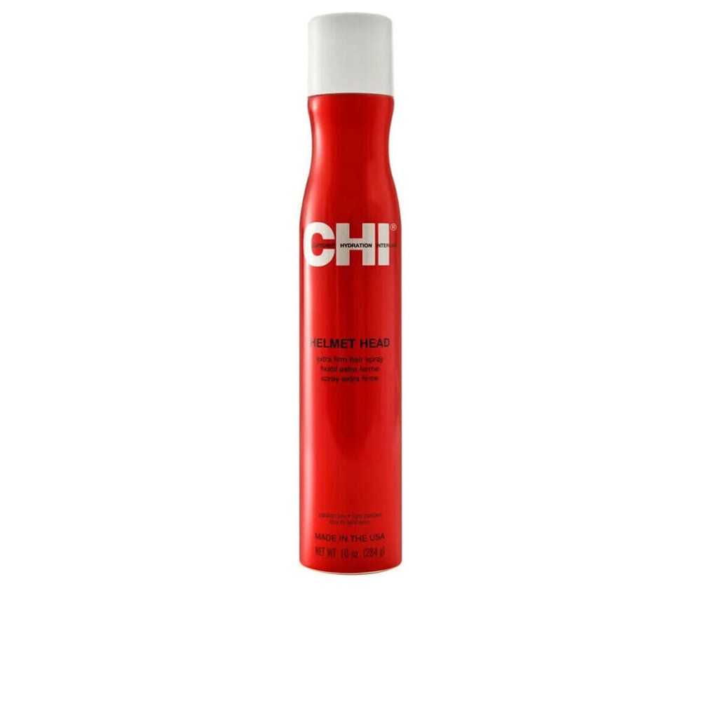 Flacone spray rosso con tappo bianco. Scritta CHI e HELMET HEAD. Testo: Extra-forte. Prodotto negli Stati Uniti.