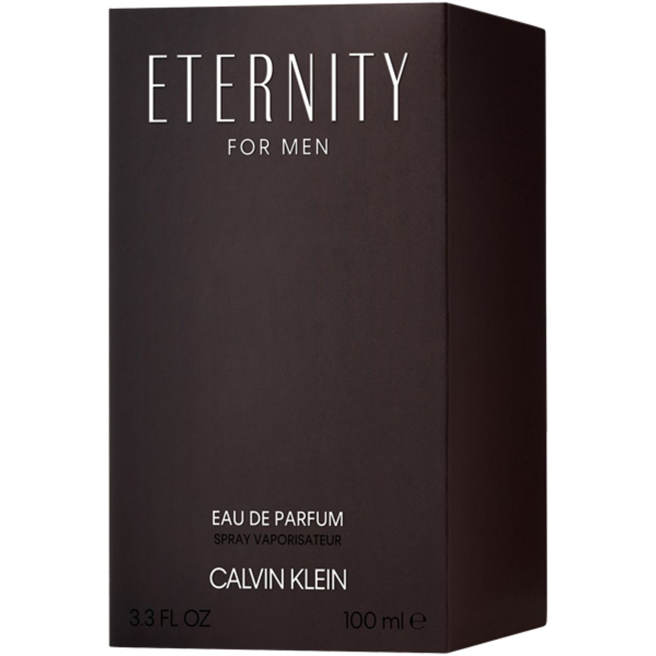 Confezione nera. Scritta: ETERNITY FOR MEN, Eau de Parfum, CALVIN KLEIN. 100 ml.