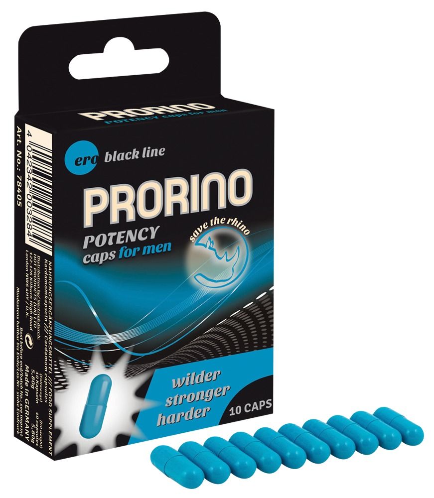 Confezione e 10 capsule blu di PRORINO POTENCY CAPS FOR MEN.