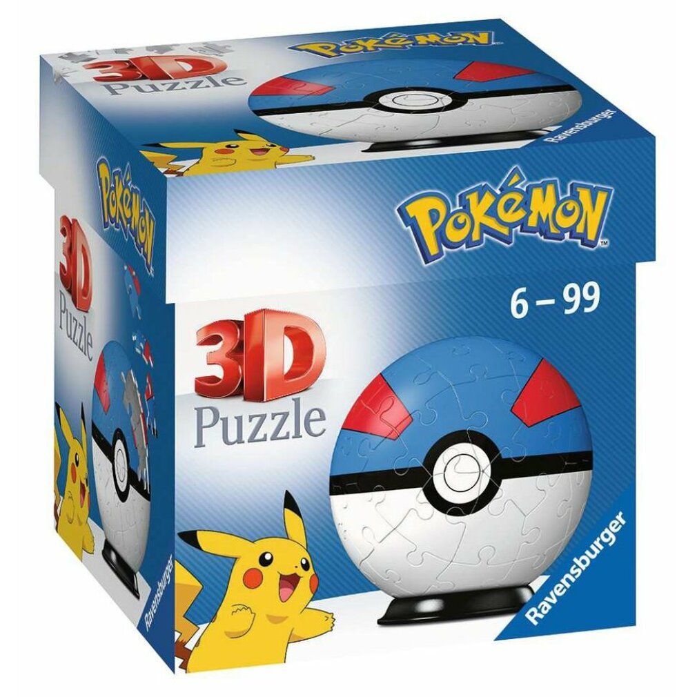 Confezione per puzzle 3D. Logo Pokémon, scritta puzzle 3D, età consigliata 6-99. Illustrazione Pikachu.