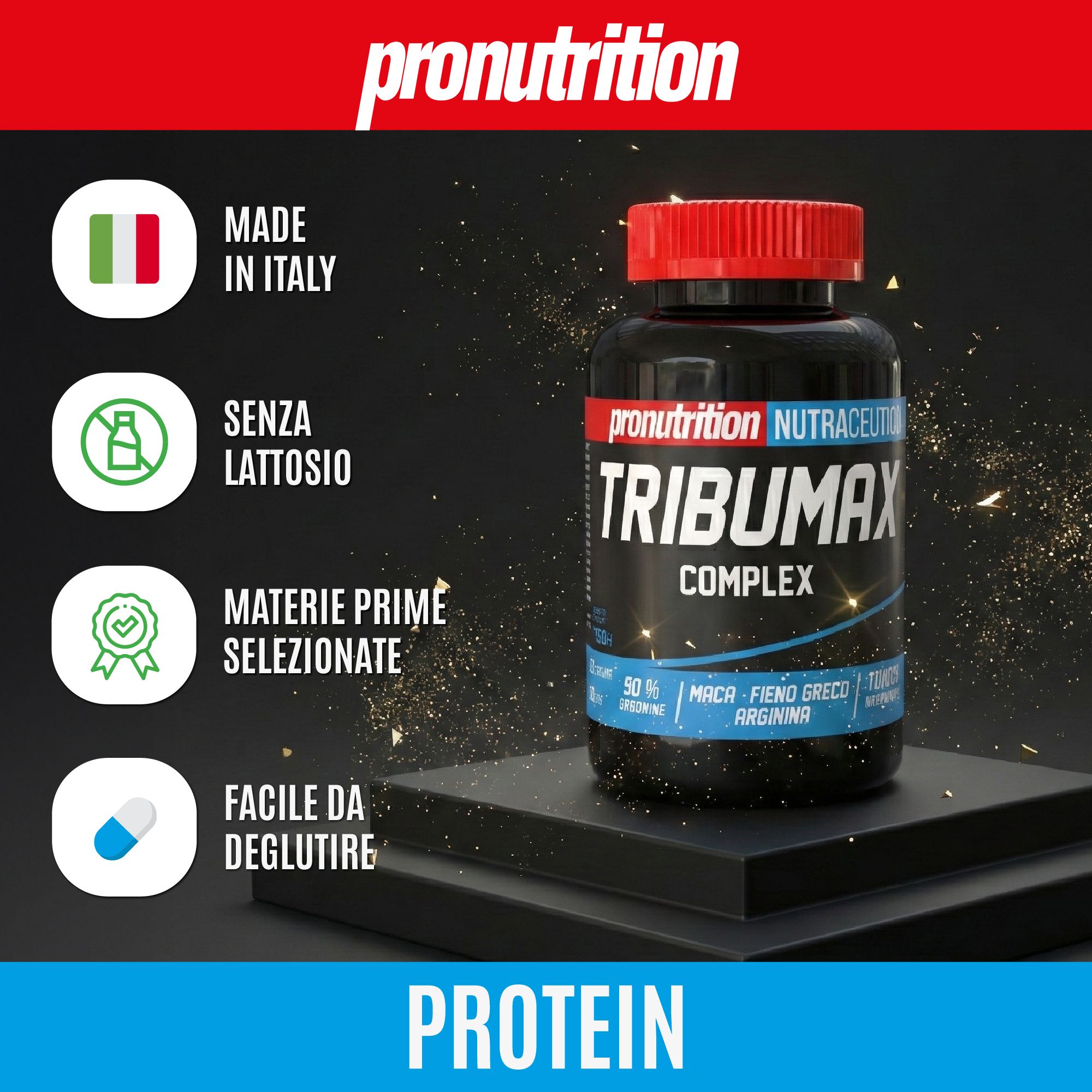 Flacone nero, tappo rosso, TRIBUMAX COMPLEX. Bandiera italiana, caratteristiche del prodotto.