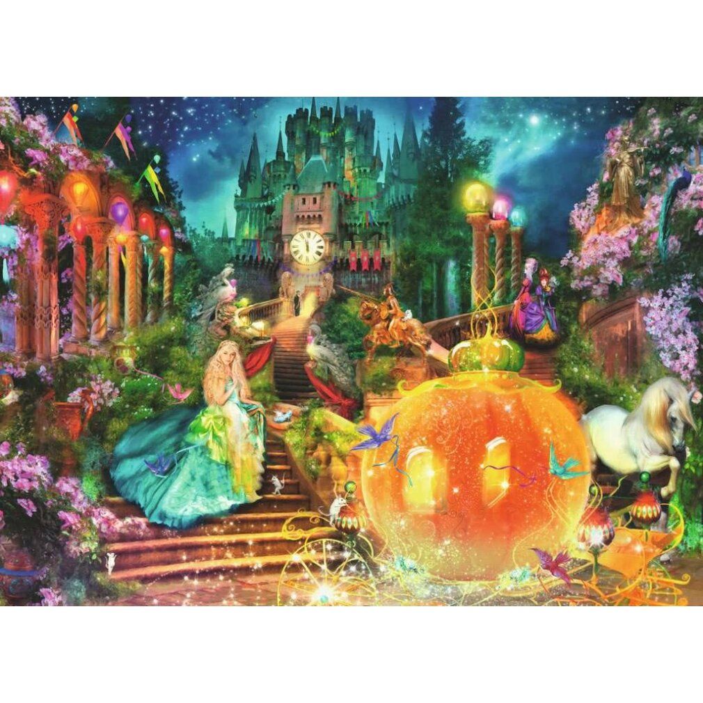Puzzle Cenerentola, 100 pezzi. Immagine del puzzle: castello, carrozza, principessa. Si illumina al buio. Vista dettagliata del puzzle.