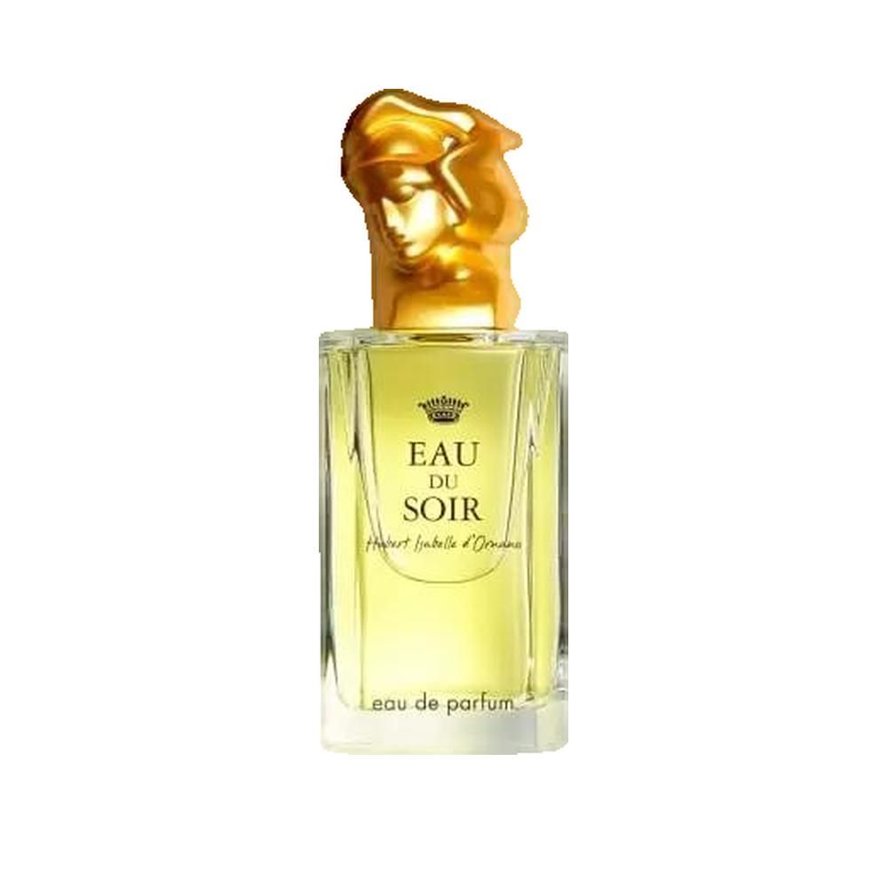 Flacone in vetro con tappo dorato a forma di donna. Scritta: Eau du Soir, Hubert Isabelle d'Ornano. Parfum.