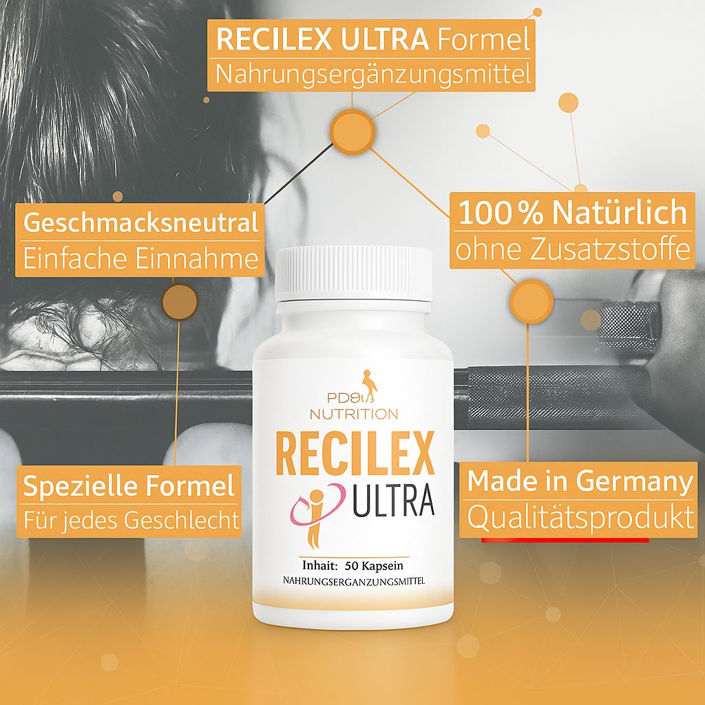 Flacone bianco di capsule. Scritta: Recilex Ultra, PD9 Nutrition. Contenuto: 50 capsule. Integratore alimentare. Prodotto in Germania.