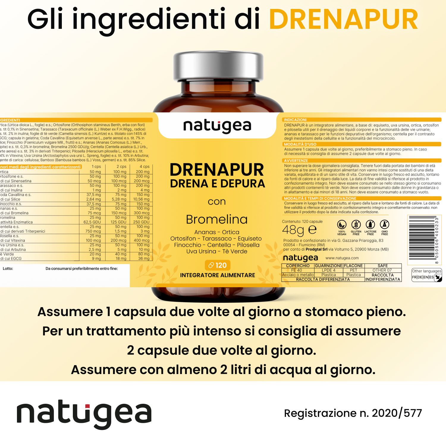 Flacone di capsule. Testo: DRENAPUR con Bromelina. Istruzioni per l'uso. 120 capsule. Logo Natugea. Registrazione.
