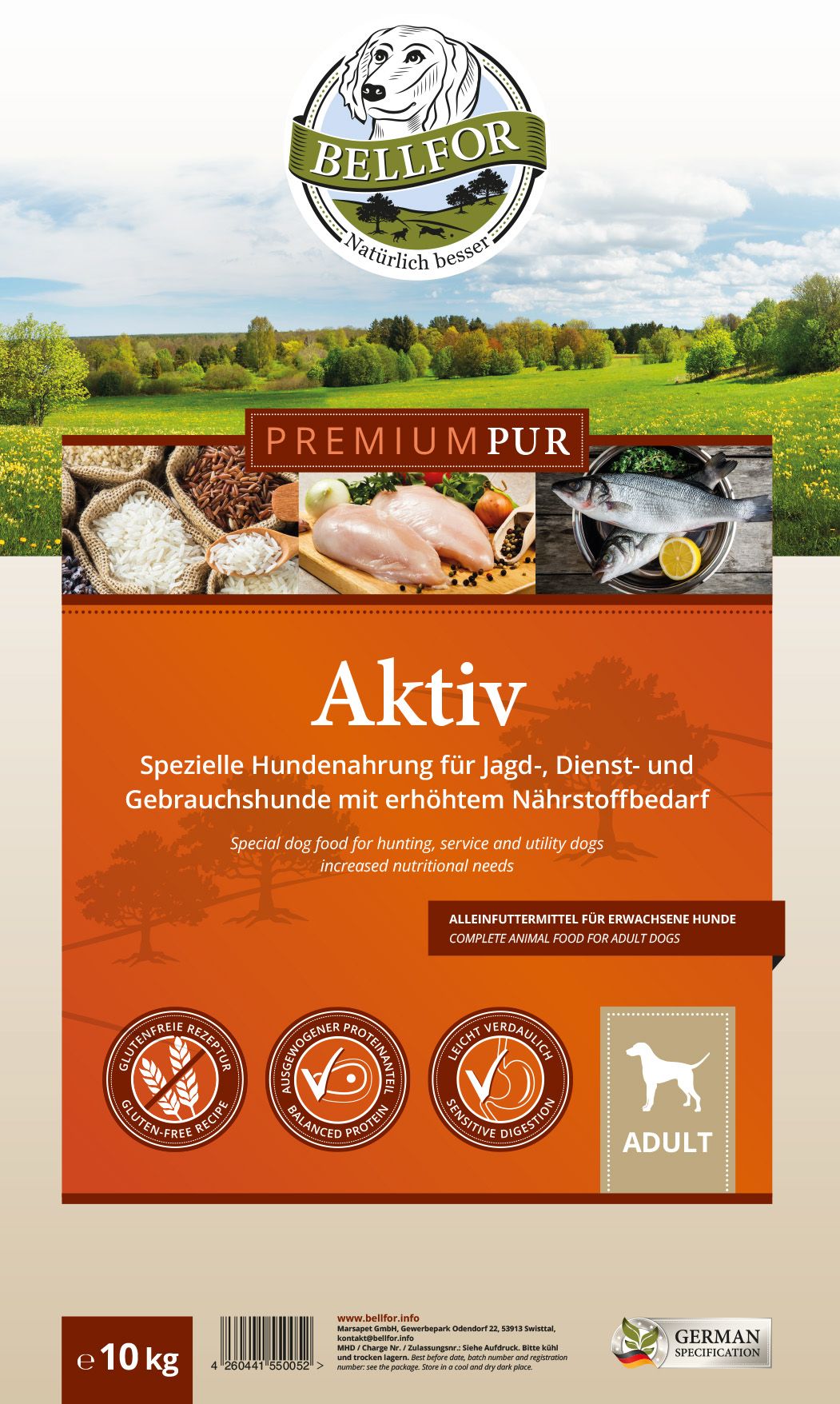 Bellfor Cibo per cani senza glutine per cani sportivi - PREMIUM PUR Attivo