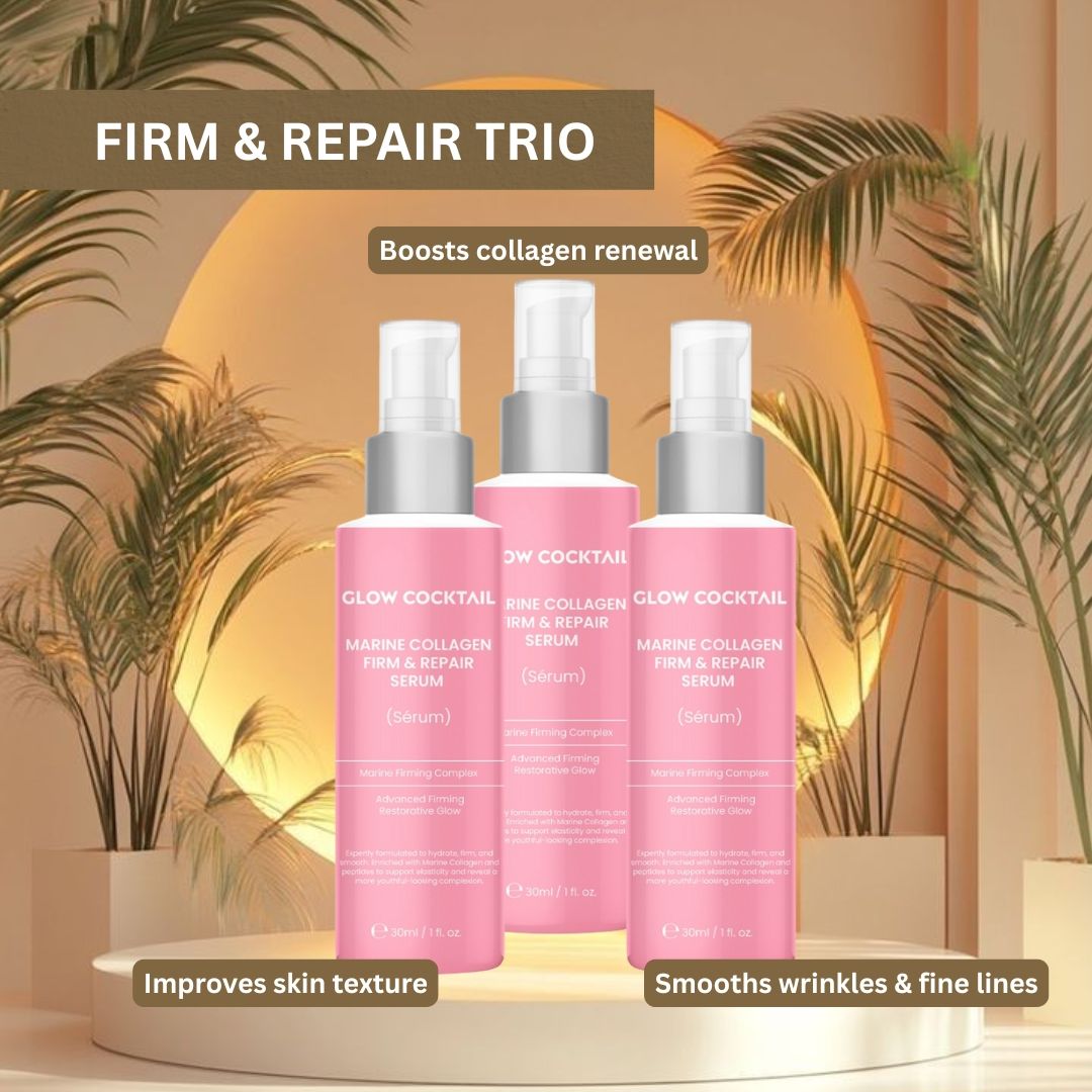 Tre flaconi di siero rassodante e riparatrice al collagene marino Glow Cocktail su piedistallo.