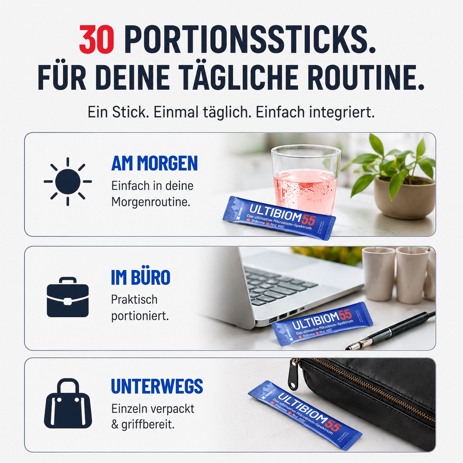 30 stick monodose ULTIBIOM 55 per routine mattutina, ufficio e in viaggio. Confezionati singolarmente.