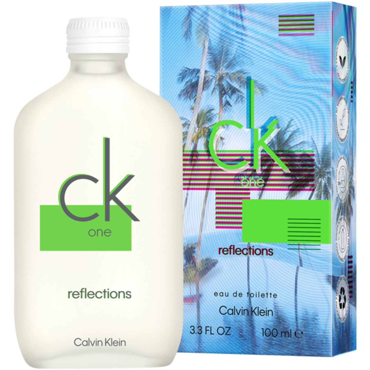 Flacone e confezione. Scritta: ck one reflections, Calvin Klein. Rettangolo verde con ck one. Design palme.