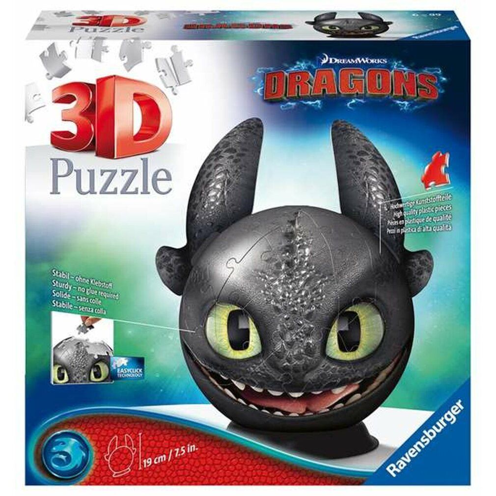 Puzzle 3D, testa di drago, 72 pezzi. Testa di drago nero con occhi verdi. Confezione con informazioni e logo.