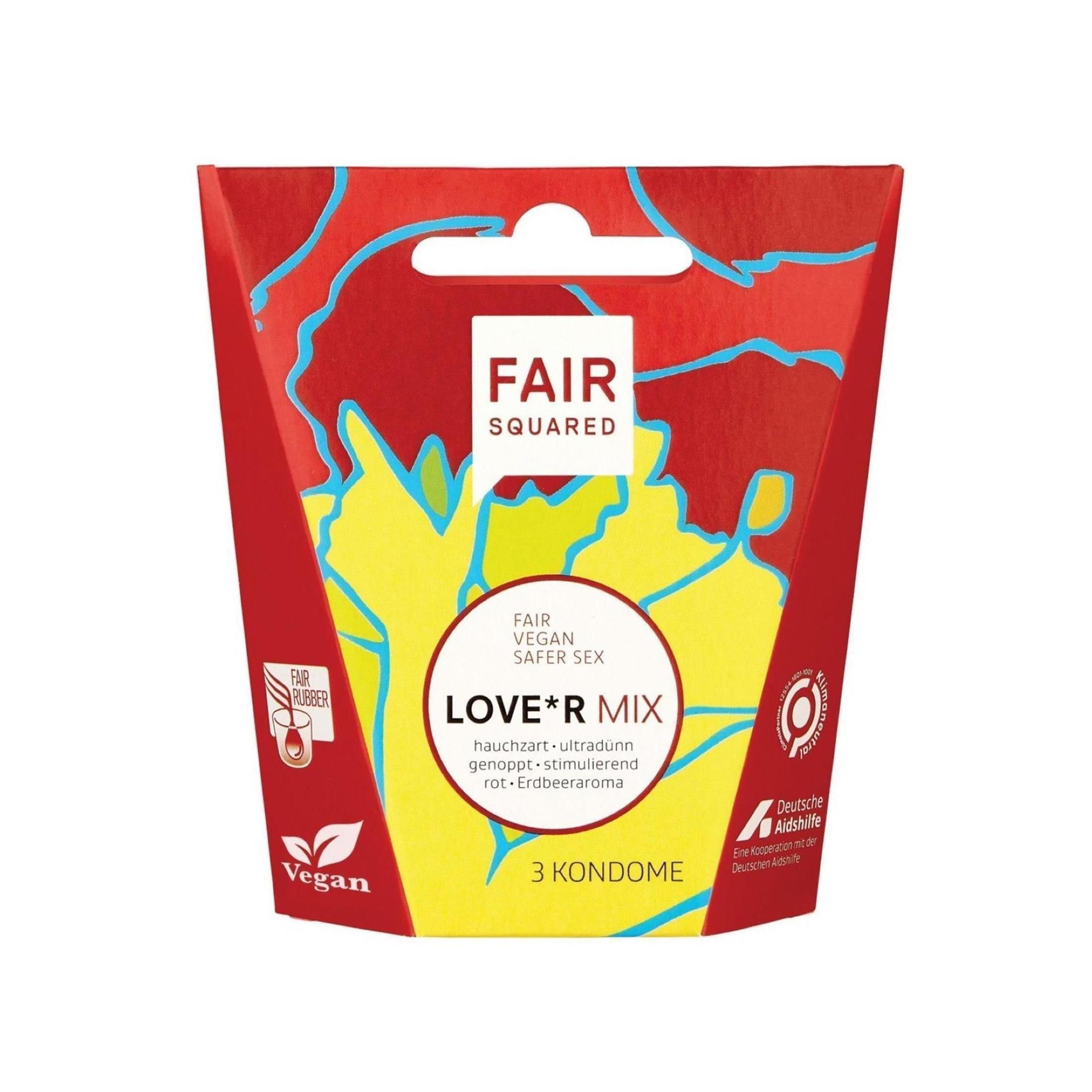 Confezione Fair Squared Love*r Mix. Rosso e giallo. Testo: Fair Squared, Love*r Mix, 3 preservativi. Sigillo vegano.