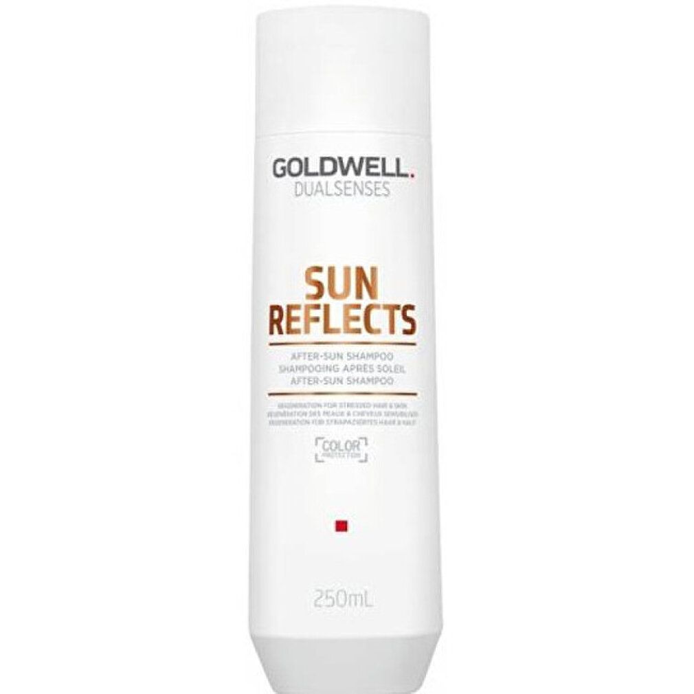 Shampoo bianco con scritta gialla SUN REFLECTS. Goldwell Dualsenses. 250 ml. Doposole.
