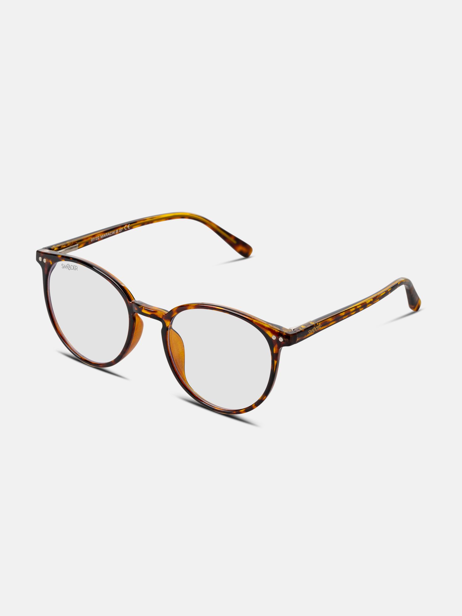 Occhiali marroni tartarugati, vista laterale. "SMOODER" sulla stanghetta.