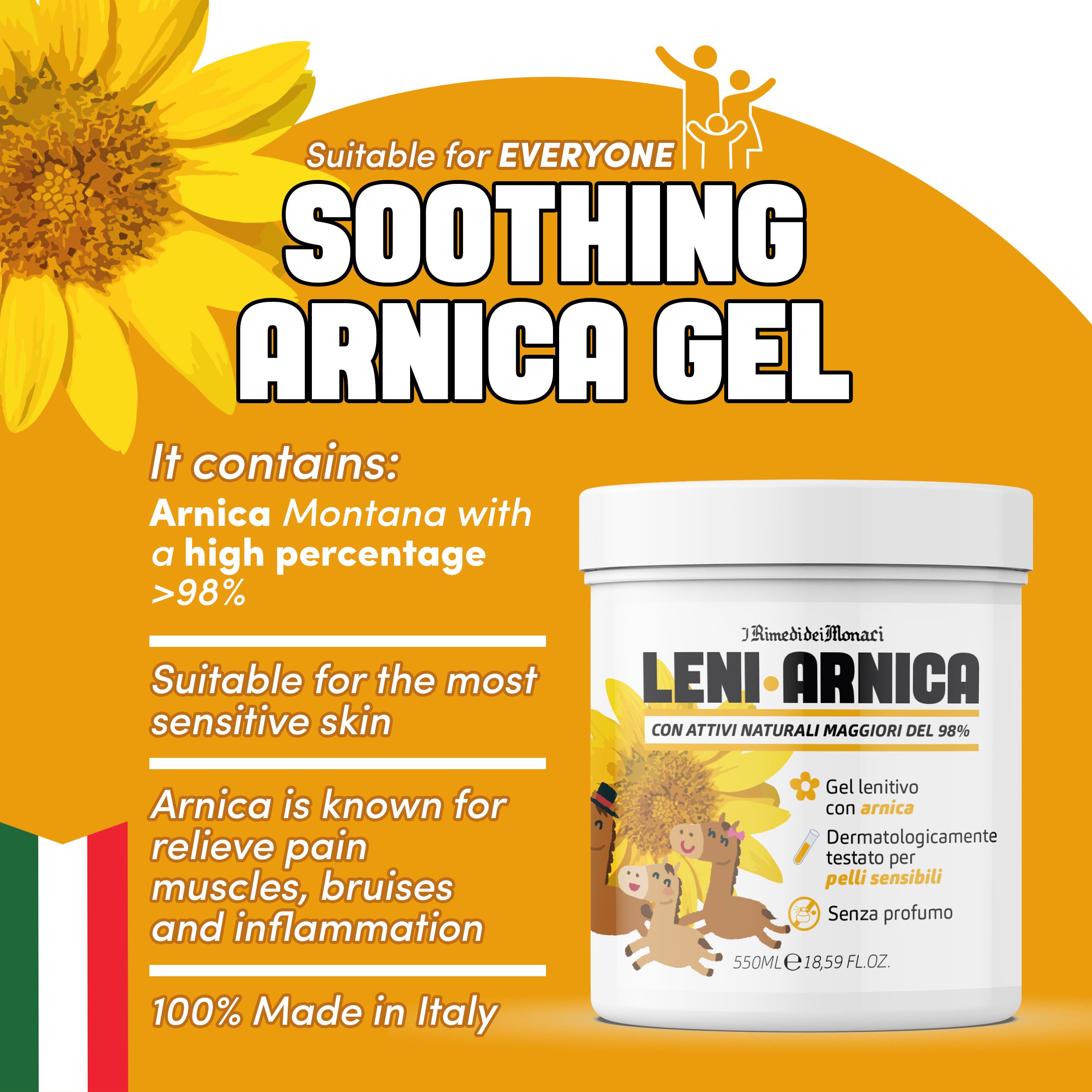Vaso bianco con testo. Gel Arnica Lenitivo, dermatologicamente testato, senza profumo. Con girasoli e logo.