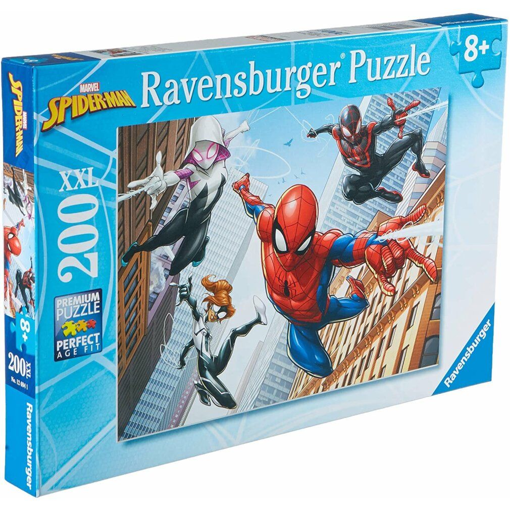 Scatola puzzle Spiderman. Contiene 200 pezzi XXL. Marca: Ravensburger. Età consigliata: 8+. Scritta: Marvel, Spiderman.