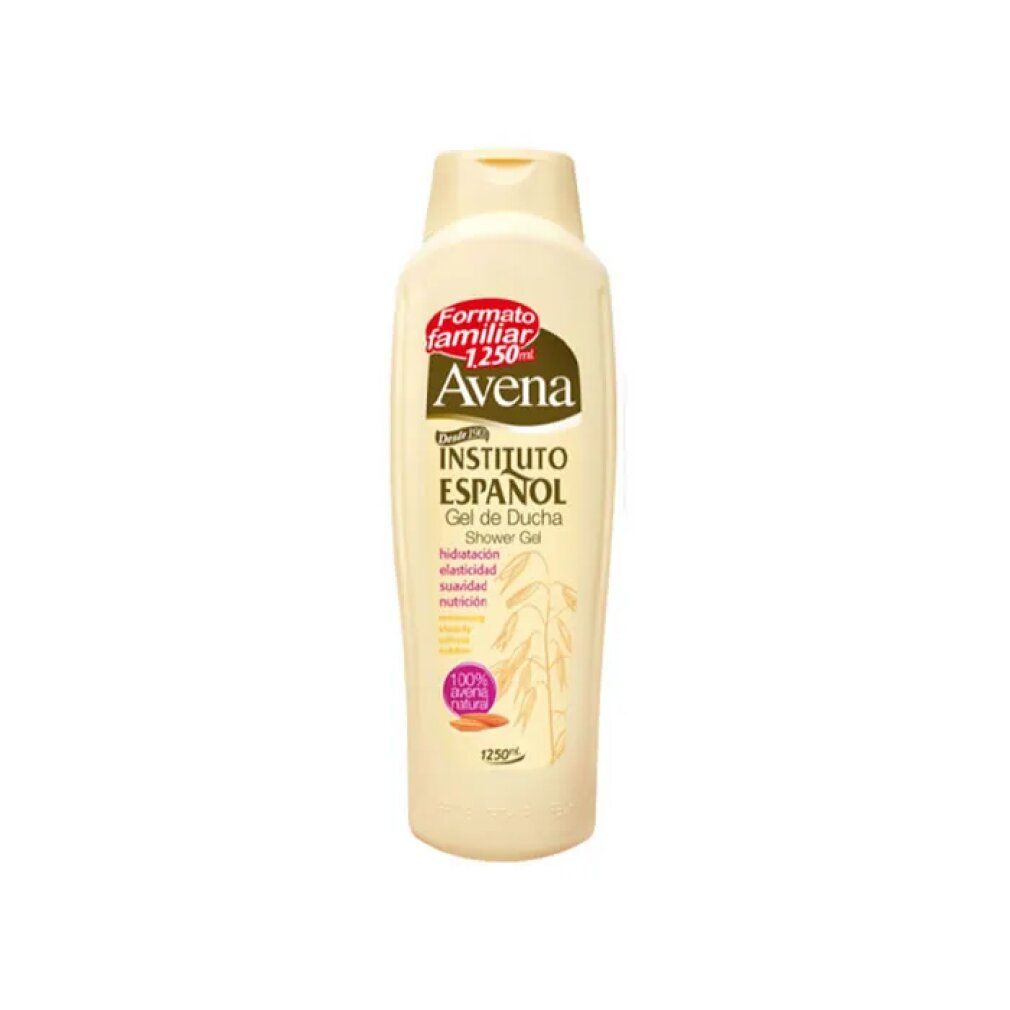 Flacone beige con etichetta "Instituto Español Avena Gel doccia". Contiene 1250ml. Illustrazione di avena.