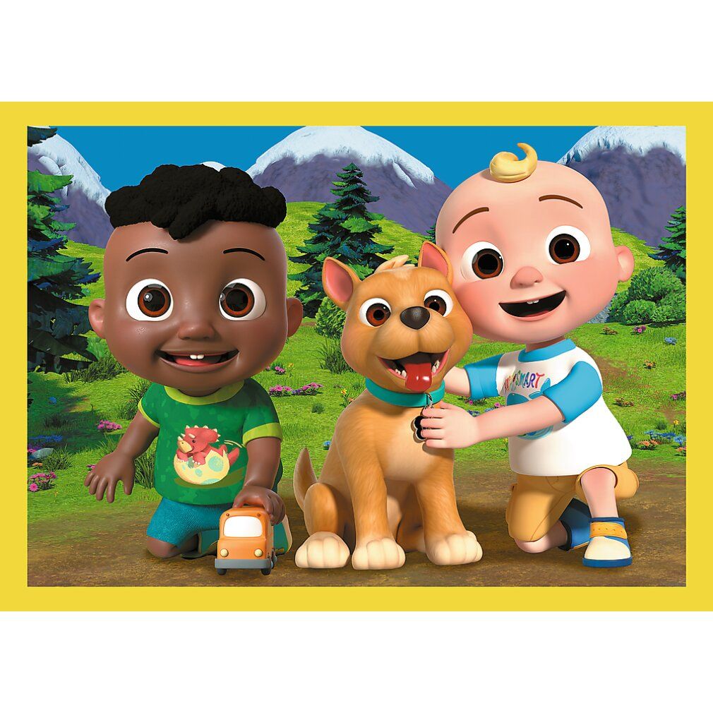 Illustrazione Cocomelon: due bambini con un cane. Un ragazzo con un'auto giocattolo e un bambino abbracciano un cane. Montagne e alberi sullo sfondo.